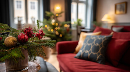 Beautiful festively decorated room with Christmas tree faceless cozy living room in red tones defocused stylish classic decor background traditional Christmas interior