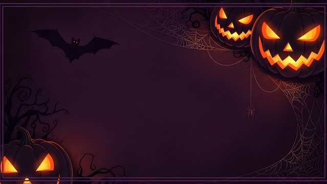 Halloween background with glowing pumpkins bat and spiderweb spooky illustration for holiday design - Powered by Adobe