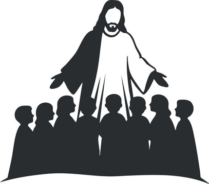 A silhouette of Jesus Christ teaching a group of disciples in a minimalist vector style, suitable for religious themes and church graphics