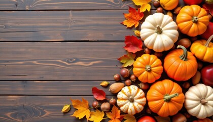 Fototapeta premium Thanksgiving corn arrangement on rustic wooden table top view with colorful pumpkins and leaves