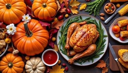 Thanksgiving feast with corn arrangement top view of autumn table setting cozy home environment