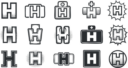 A collection of stylized letter H logos and icons in black and white vector style, suitable for healthcare branding and design