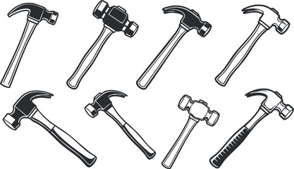 A set of various hammer illustrations in black and white outline vector style, ideal for construction and DIY projects