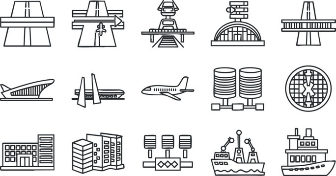A collection of infrastructure and transportation icons including planes, ships, buildings, and energy structures in clean outline vector style, ideal for urban planning and logistics projects