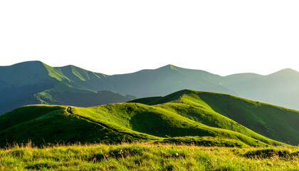Layered Green Hills and Distant Mountain Landscape - Isolated Sunny Grassland View with Mist and Atmospheric Perspective