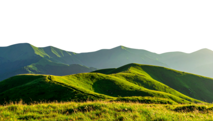 Layered Green Hills and Distant Mountain Landscape - Isolated Sunny Grassland View with Mist and Atmospheric Perspective