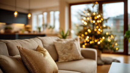 Homely and cozy Christmas interior of living room faceless festive space defocused beige sofa background decorated Christmas tree visible warm holiday atmosphere comfortable