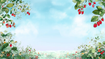 晴れた青空を背景にしたイチゴ畑の風景｜穏やかなフレーム