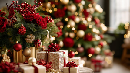 Christmas interior of living room with red and gold colors faceless festive space defocused large Christmas tree background decorated with garlands toys and decor packed gifts