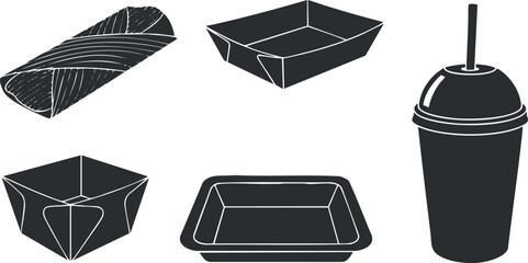 A collection of food containers including a wrap, boxes, and a drink cup in black and white minimalist vector style, suitable for restaurant branding and packaging design