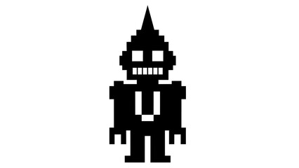 Pixelated robot silhouette retro game style vector illustration isolated on white background