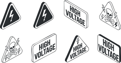 A collection of high voltage warning signs featuring skull and lightning symbols in black and white outline vector style, ideal for safety graphics and electrical signage