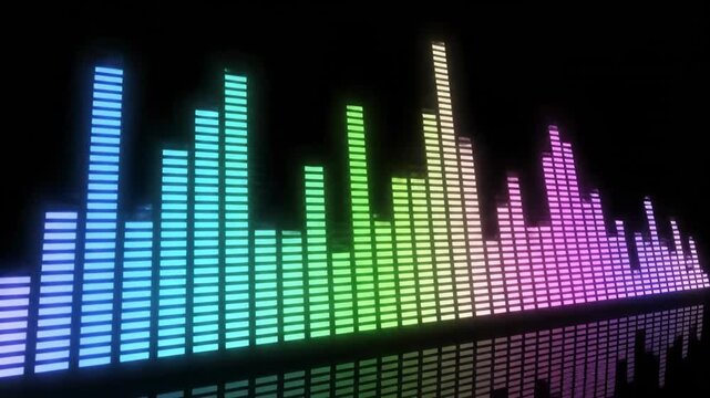 Seamlessly looping digital frequency equalizer bars pulsating and reacting to an invisible complex rhythmic abstract sound wave dynamic, tech, data