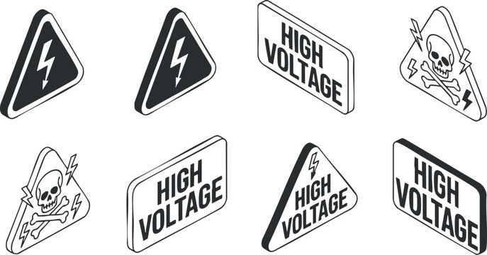 A collection of high voltage warning signs featuring skull and lightning symbols in black and white outline vector style, ideal for safety graphics and electrical signage