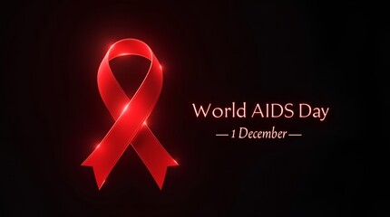 Powerful awareness-themed World AIDS Day artwork with a bold glowing red ribbon, elegant and refined “1st December” text, contemporary clean design style, and high-contrast dark background for maximum