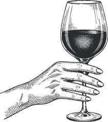 Fototapeta premium A hand holding a wine glass filled with red wine in vintage sketch style, perfect for restaurant menus and wine branding
