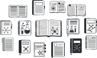A collection of science-themed books and notebooks featuring laboratory icons in a minimalist black and white vector style, suitable for educational materials and academic design