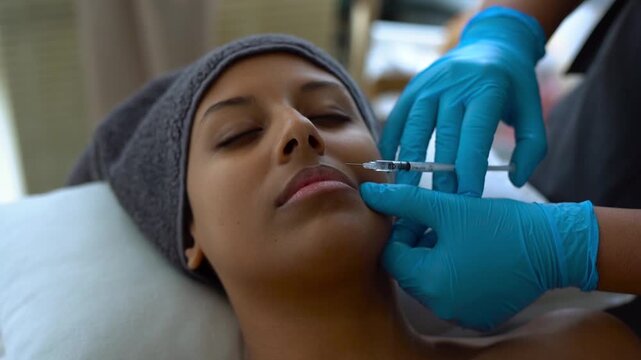 Young woman gets a lips botox injection with syringe - Beauty trends, young people and cosmetic procedures concept