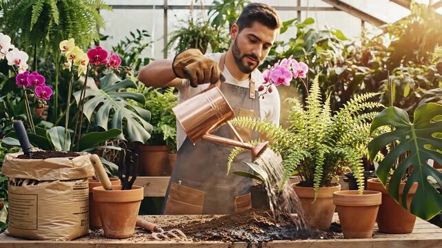A man waters plants in a greenhouse, using a copper watering can, surrounded by flowers and foliage