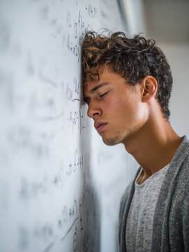 disappointed university student leaning on whiteboard with closed eyes tired high school guy feeling failure in classroom side view of sad young college student trying to solve math problem no logos 