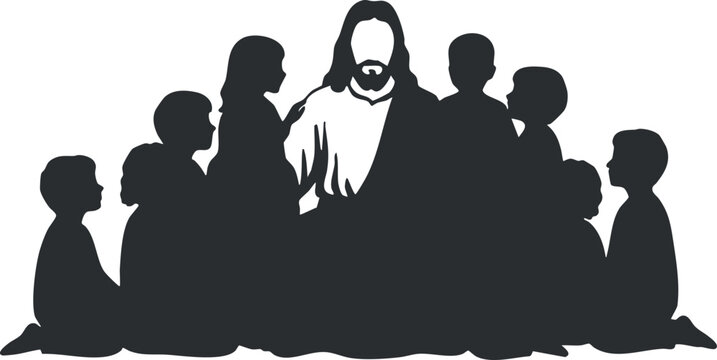A silhouette illustration of Jesus surrounded by children in a minimalist vector style, suitable for religious themes and educational materials