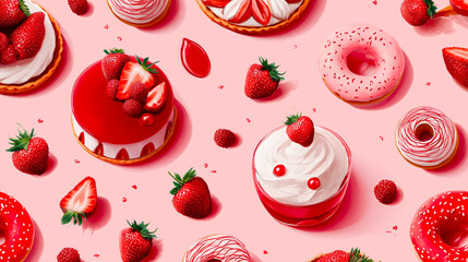 ピンクの背景に広がる甘いイチゴスイーツ