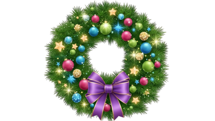 Festive Christmas wreath with purple bow and ornaments