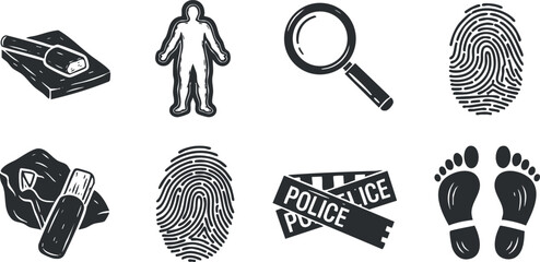 A collection of crime investigation icons including fingerprints, a magnifying glass, police tape, and a silhouette in black and white vector style, suitable for forensic and detective-themed designs