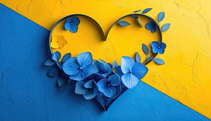 Ukraine Heart Symbol Blue and Yellow Floral Decoration Glitter Textured Background Patriotic Support Love Solidarity