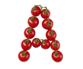 Letter A made of fresh ripe tomatoes creative food typography concept isolated on white background