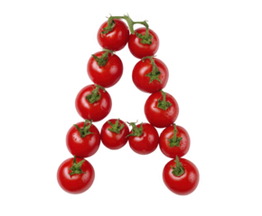 Letter A made of fresh ripe tomatoes creative food typography concept isolated on white background