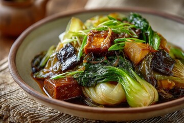 Chap Chye bowl with stir-fried vegetables, tofu in dark glaze on rustic wooden table. Concept of vegetable stew mixed Asian cooked, featuring vibrant greens and warm lighting.