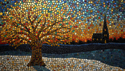 Christmas Mosaic Panel with Red Fruits, Golden Branches, and Moon &mdash; Decorative Element, Web Header