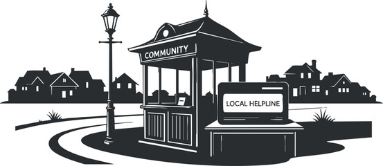 A community helpline kiosk with a lamp post in black and white vector style, ideal for civic engagement and outreach projects