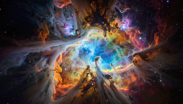 Vibrant Cosmic Nebula Explodes with Stellar Gas and Dust in Deep Space Illuminated by Distant Stars