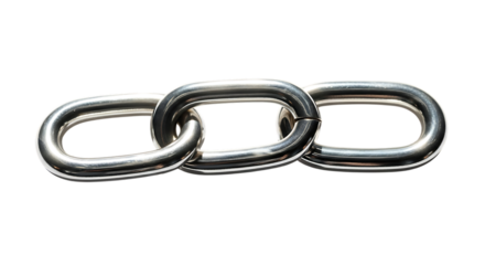 Three interconnected metallic silver oval chain links, a polished surface, cutout, PNG isolated on white or transparent background