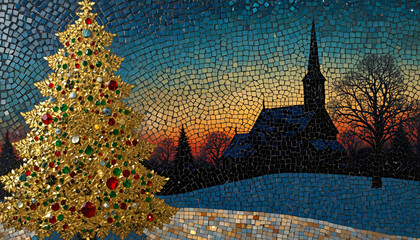 Christmas Stained Glass Composition with Lighted Tree and Church &mdash; Design for Card and E-Commerce