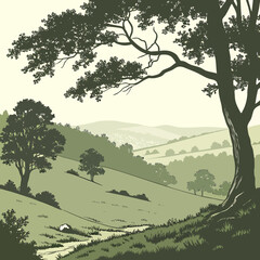 Serene rolling green hills and valleys under a pale sky with silhouetted trees