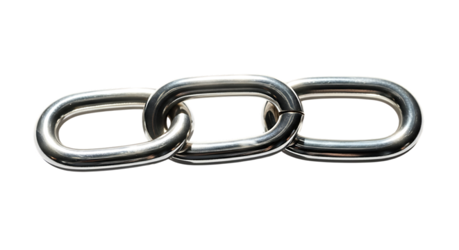 Three interconnected metallic silver oval chain links, a polished surface, cutout, PNG isolated on white or transparent background - Powered by Adobe