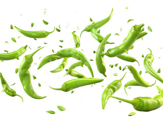A vibrant display of green chili peppers floating against a stark white backdrop in a dynamic composition