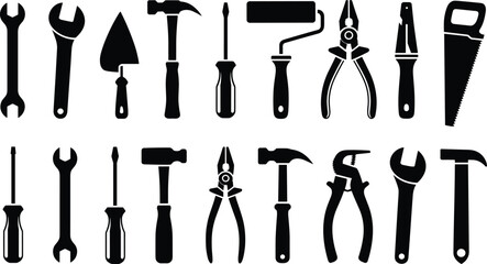 Black Silhouette Collection Of Various Hand Tools For Construction And Repair wrench hammer