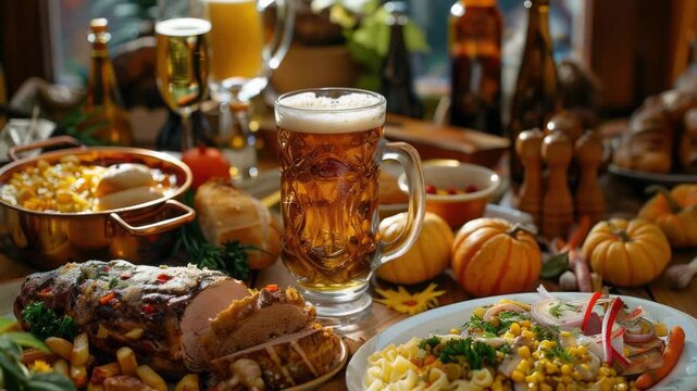 Video A table filled with various plates of food accompanied by a glass of beer