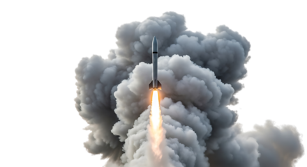White rocket ascending through thick grey smoke plumes with bright orange exhaust isolated on a transparent background