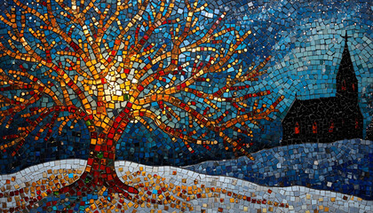 Christmas Mosaic with Golden Tree, Red Balls, and Illuminated Church &mdash; Religious Background, High Resolution