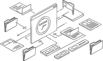 A digital file management system illustration featuring an autosave concept in a minimalist vector style, ideal for technology and software applications