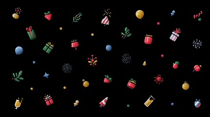 A vibrant collection of festive icons including gifts, ornaments, and holiday motifs against a black background, creating a cheerful seasonal atmosphere.