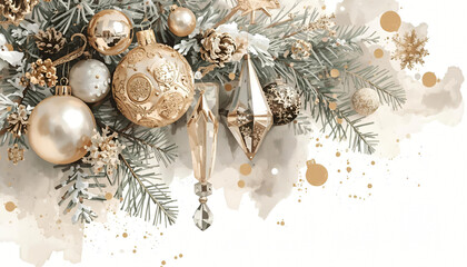 Botanical watercolor themed Christmas cards with pine cones, berries, and ornaments