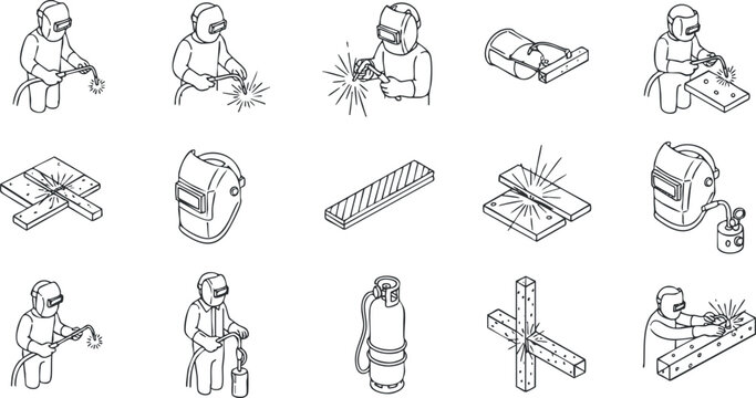 A collection of welding and metalworking icons in outline style, perfect for industry-related projects and educational materials