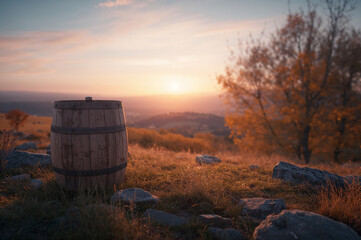 Rustic wooden barrel in a golden sunset landscape