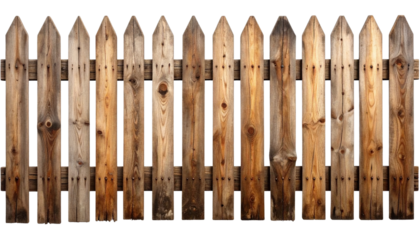 Rustic Weathered Wooden Picket Fence Isolated on Transparent Background